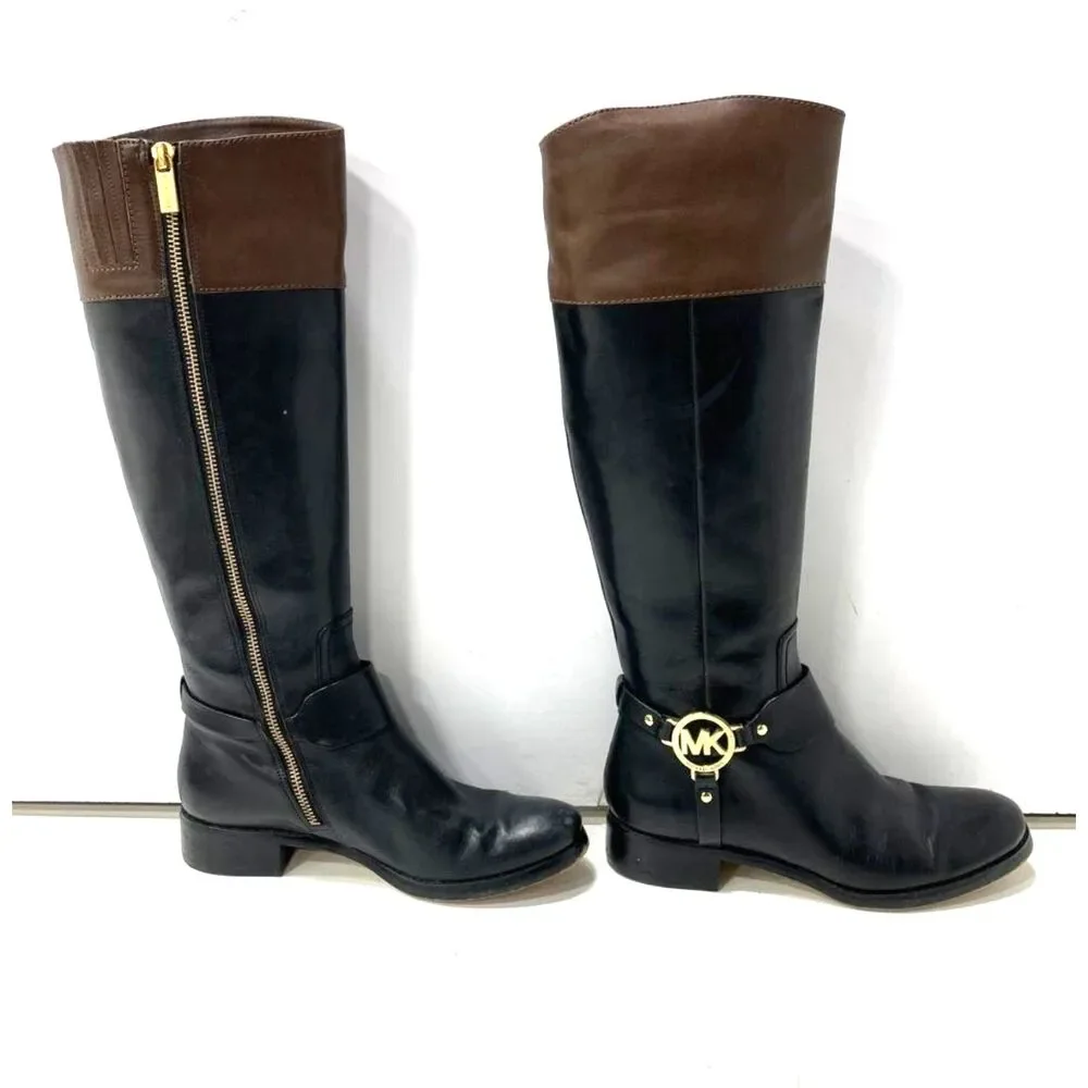 Michael Kors Fulton Harness Two Tone Black Brown Leather Riding Boots 6.5